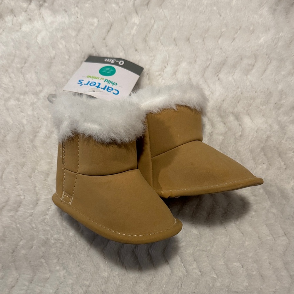 0-3M Carter's Cozy Tan Booties with White Trim